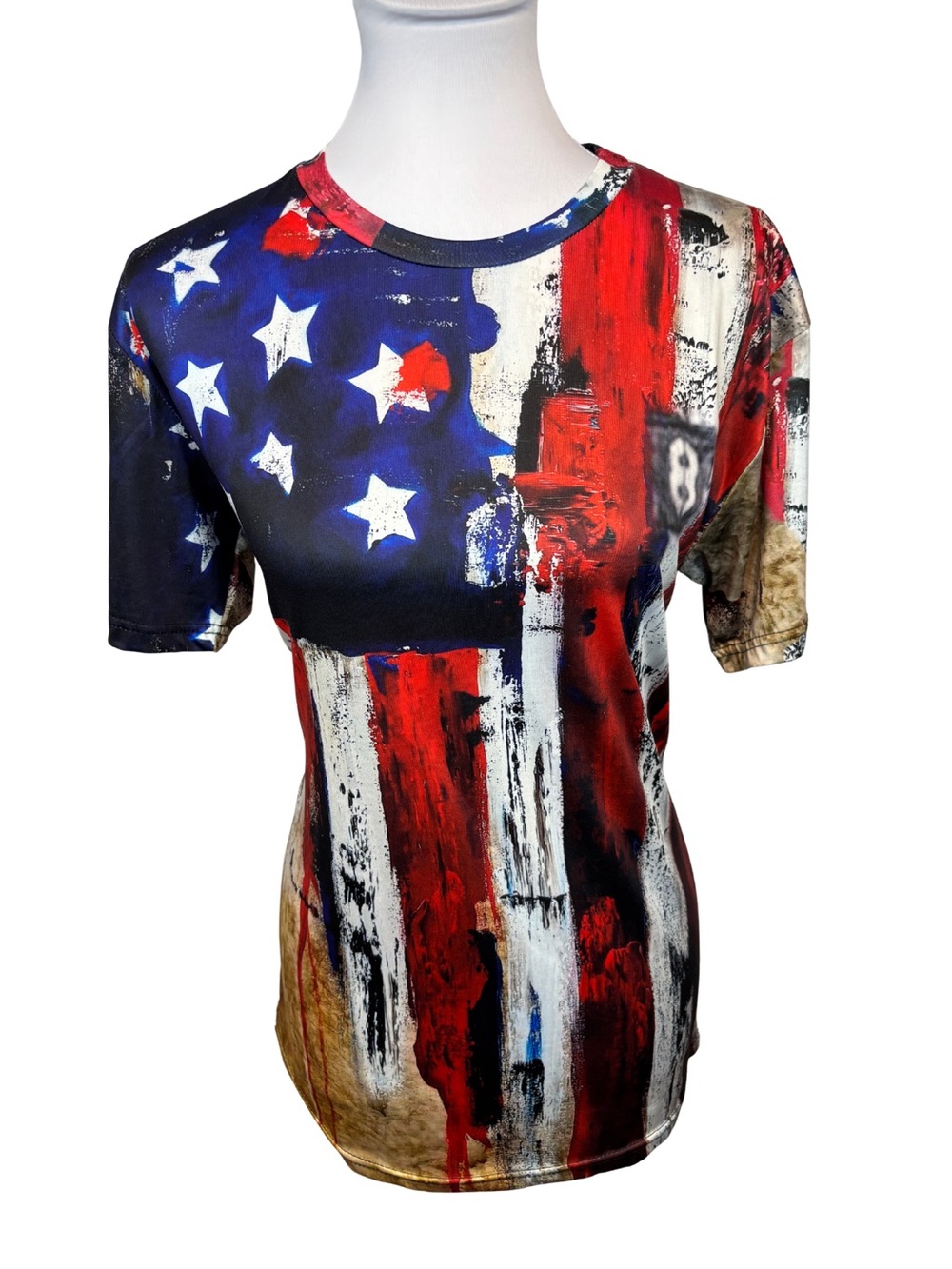 Patriotic American Flag Graphic Tee Red White Blue Short Sleeve Top L